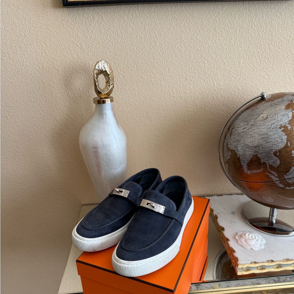 Hermes Navy Blue Suede Loafers retails over $1200
